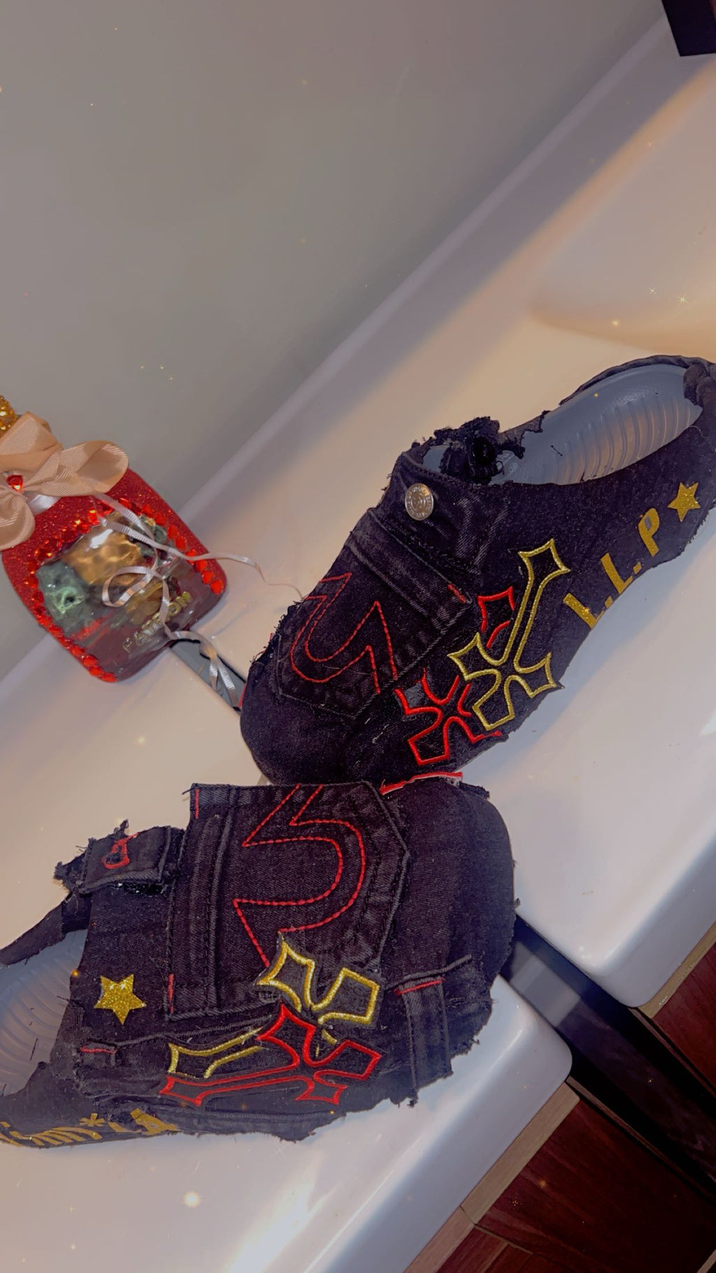 customized blue jean slides