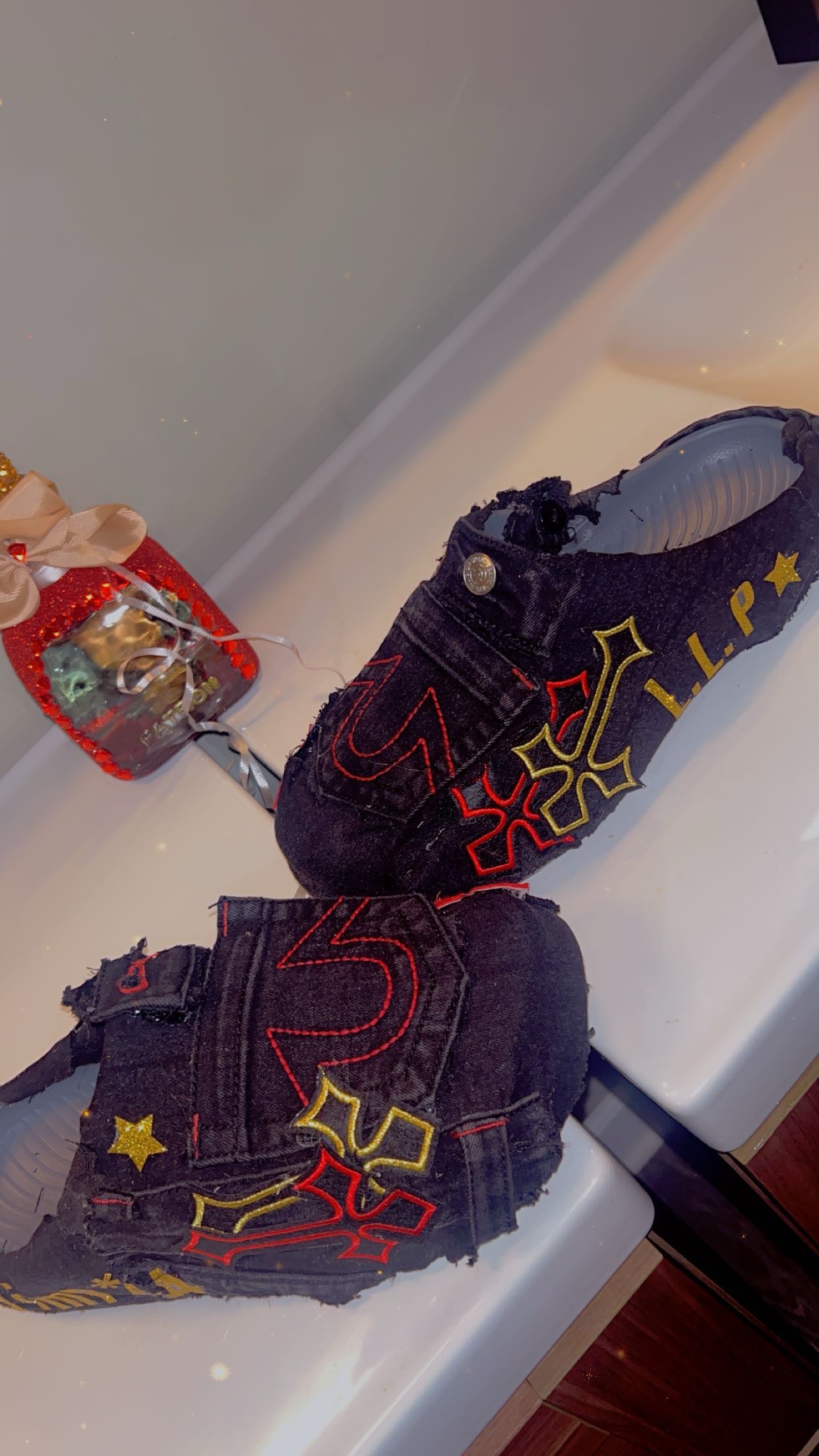 customized blue jean slides