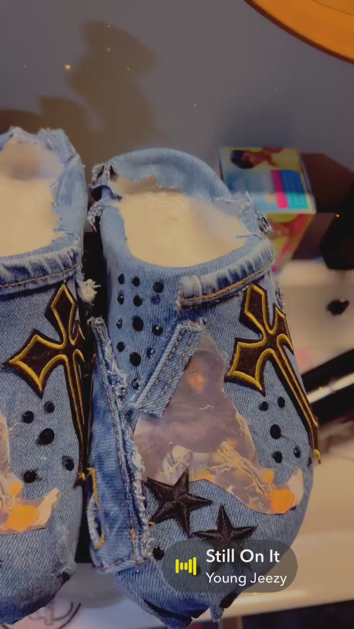 customized blue jean slides